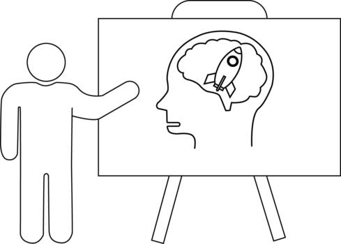 Stick figure presenting brain drawing on easel rocket within vector
