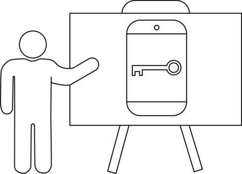 Presentation features a person pointing to a screen with a key tripod stand vector