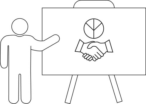 A stick figure presents a whiteboard with a pie chart handshake illustration on a stand vector