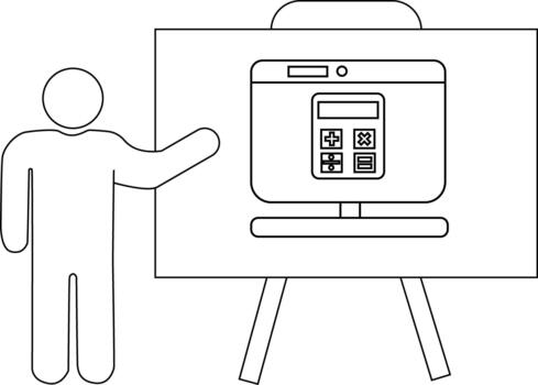 Person presenting a monitor displaying a calculator on a stand vector