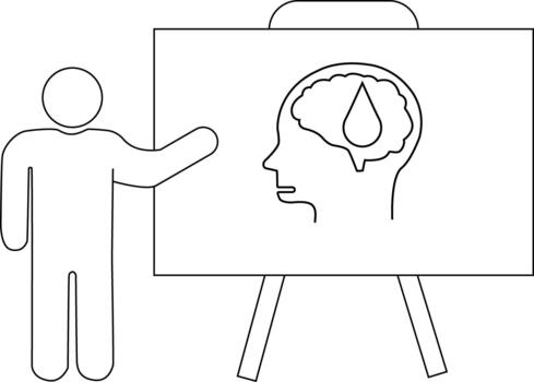 An outline drawing depicts a presenter pointing to a whiteboard with a head illustration containing a brain and teardrop vector