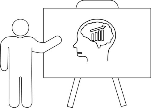 A stick figure presents an easel displaying a profile head with a brain containing an upwardtrending bar graph vector