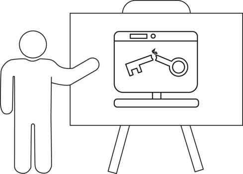 Image shows a figure next to an easel displaying a computer monitor with a broken key on the screen vector
