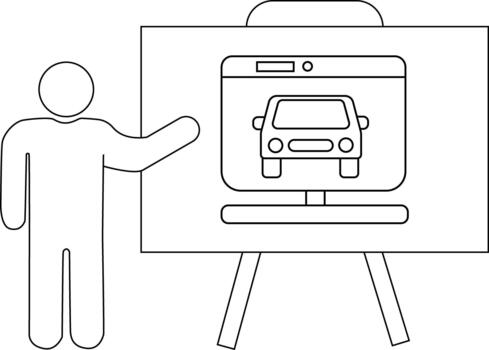 Figure stands pointing to screen displaying car on easel stand vector