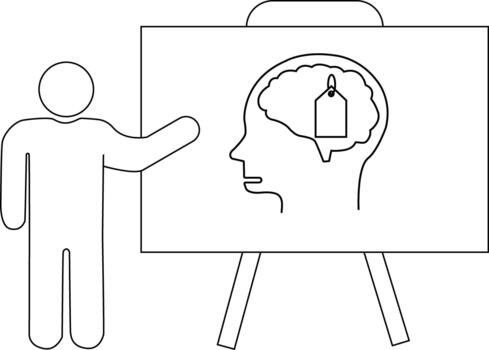 A presenter points to a board showing a head with a price tag inside the brain vector