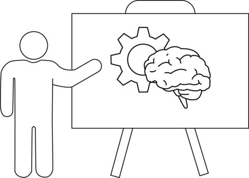 A stick figure gestures towards a whiteboard displaying a gear and a brain vector