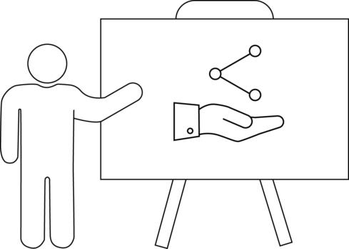 Presenter standing by whiteboard with network hand illustration vector