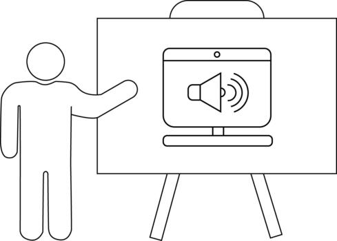 persona gesticulando a pizarron con computadora monitor de altoparlante icono vector