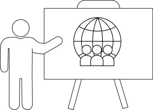A presenter pointing to a whiteboard displaying a globe above three figures vector