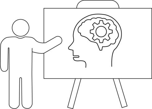 A presenter gestures toward a whiteboard displaying a head with a gear inside the brain vector