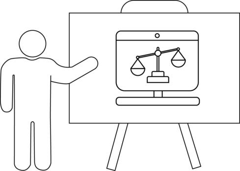 An outline image shows a person presenting scales on a computer monitor displayed on a stand vector