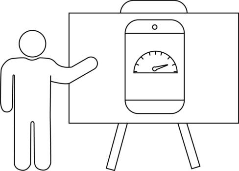Person presenting a board with a smartphone icon showing a speedometer on it vector