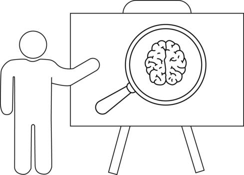 Outline depicts a person pointing to a board with a brain magnified by a lens vector