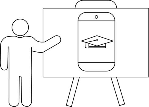 un presentador puntos a un pizarron mostrando un teléfono inteligente con un graduación gorra icono vector