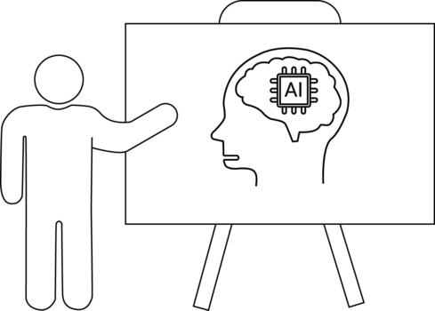 AI presentation Figure points to head with a chip in the brain on an easel vector
