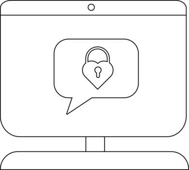 Line art monitor displaying a heartshaped lock inside a speech bubble vector