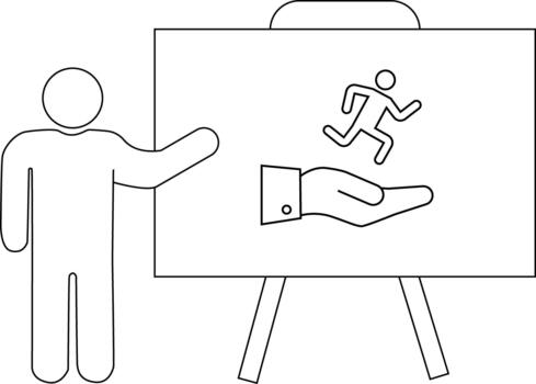 Line drawing of a person presenting a whiteboard image of a figure running into an open hand vector