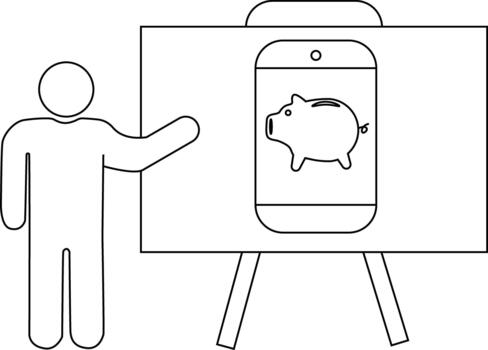 A stickfigure gestures toward a presentation board showing a smartphone with a piggy bank icon vector