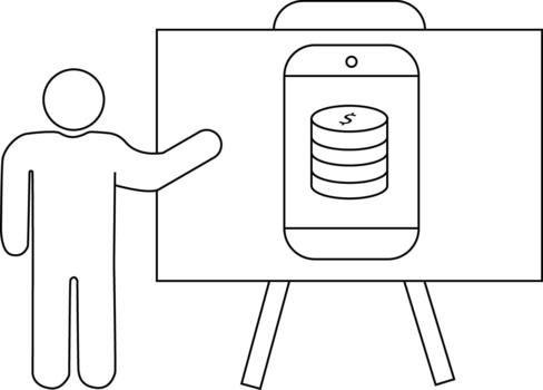 Person pointing at an easel with a phone showing a stack of coins on the screen vector