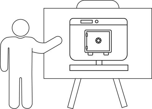A stick figure presents a monitor displaying a safe on a stand vector
