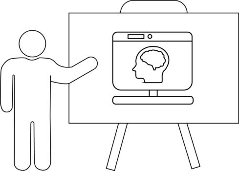 A stick figure pointing at a screen displaying a brain inside a profile on a whiteboard vector