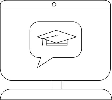 Computer display shows a graduation cap inside a speech bubble vector