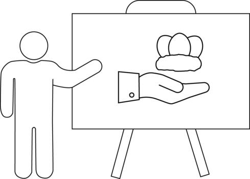 A person gestures at a presentation board showing a hand holding eggs in a nest vector