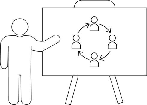Line drawing figure beside easel showing a circular flow diagram of four people icons and arrows vector