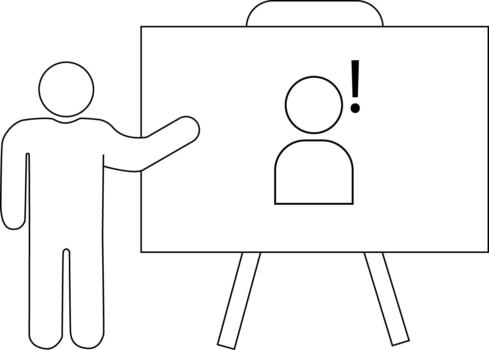 A stick figure pointing at a presentation board showing a stick figure with an exclamation mark above it vector