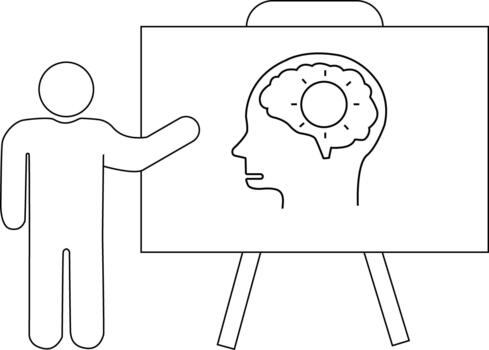 línea dibujo de persona gesticulando hacia cerebro diagrama en caballete vector
