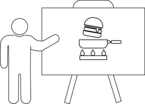 Stick figure presenting a whiteboard with a burger being cooked in a pan on a burner vector