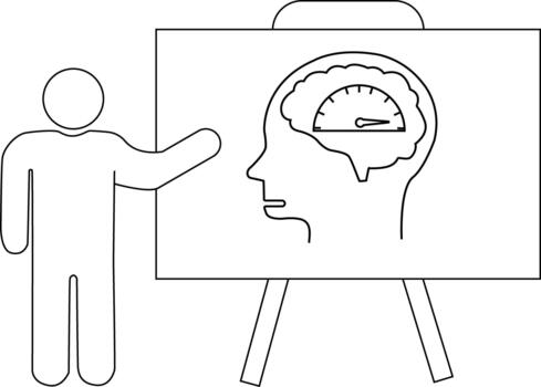 A stick figure presents a diagram of a human head with a brain containing a gauge all in outline form on a whiteboard vector