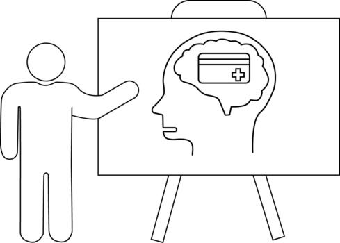 Man presenting a board with a head and medical card inside the brain on a whiteboard vector