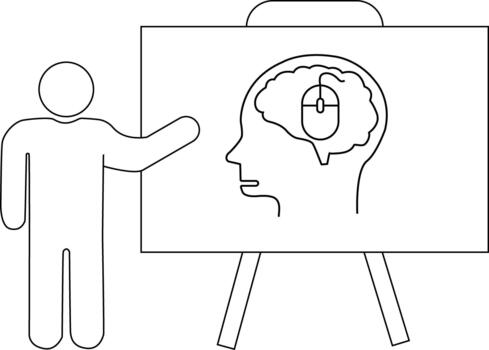 Stick figure presents a whiteboard drawing of a head with a brain containing a computer mouse vector