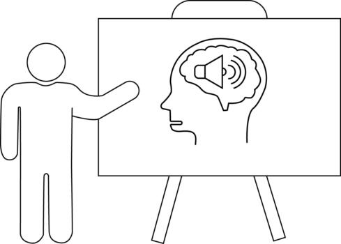 Stickfigure presents a whiteboard drawing of a brain with a speaker symbol set against a white background vector