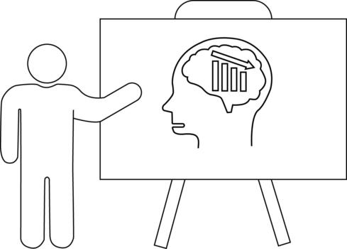 Line drawing shows a person presenting a decreasing bar graph inside a brain on a board vector