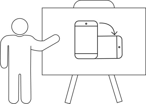Stick figure presenting phone rotation on a whiteboard supported by an easel vector