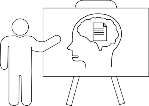 A person presents a board with a head outline showcasing a brain with a document inside vector