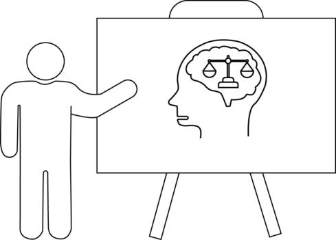 Illustration showing a figure pointing at a whiteboard with a head profile and scales inside a brain vector