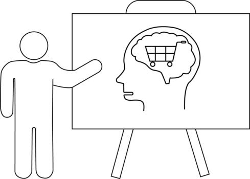 Stick figure presenting brainmind image with a shopping cart inside on a whiteboard vector