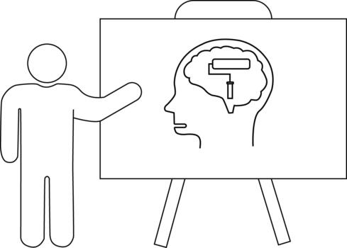 A stick figure points to an easel displaying a head profile with a brain containing a paint roller vector