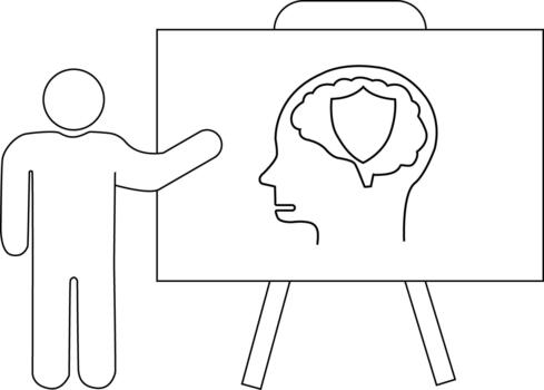 Line drawing Person points to a flipchart showing a head profile with a shield inside the brain vector