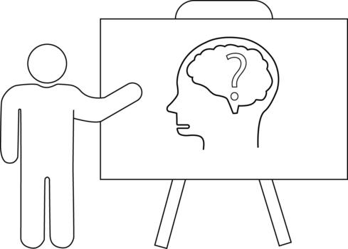 Stick figure gestures towards a whiteboard with a brain silhouette and a question mark inside vector
