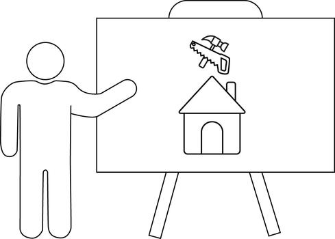 presentador puntos a un caballete con un casa dibujo y herramientas encima vector