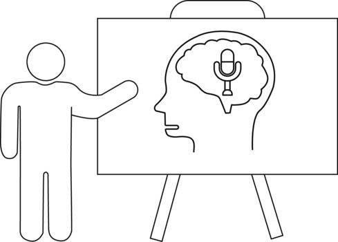 A figure points to a whiteboard depicting a profile with a microphone inside the brain vector