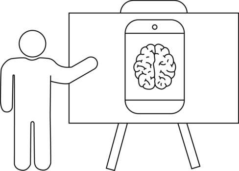 Person pointing to a whiteboard with a phone displaying a brain set on a tripod vector