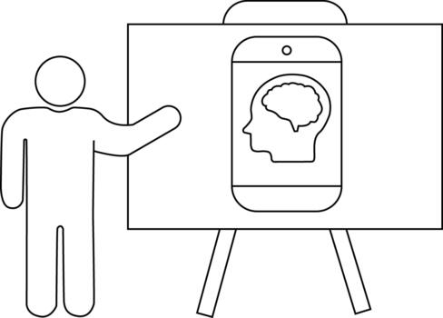 Person giving presentation of cellphone with a brain in head icon vector
