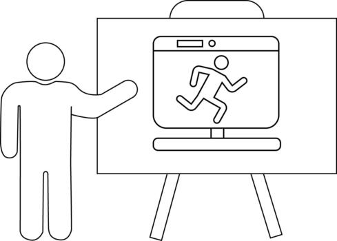 Stick figure presents a screen showing another stick figure running mounted on a stand vector