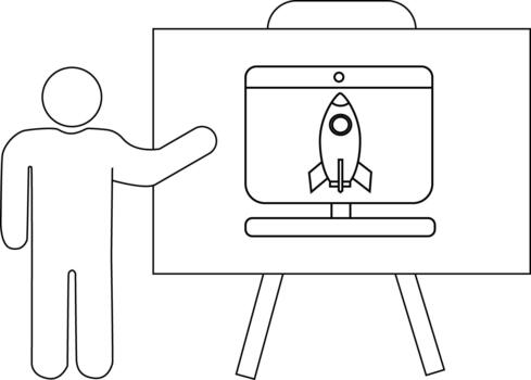 A person presents a rocket launch displayed on a monitor atop a stand vector