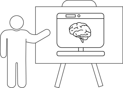 Image shows stickfigure presenting a screen with a brain inside on a tripod vector